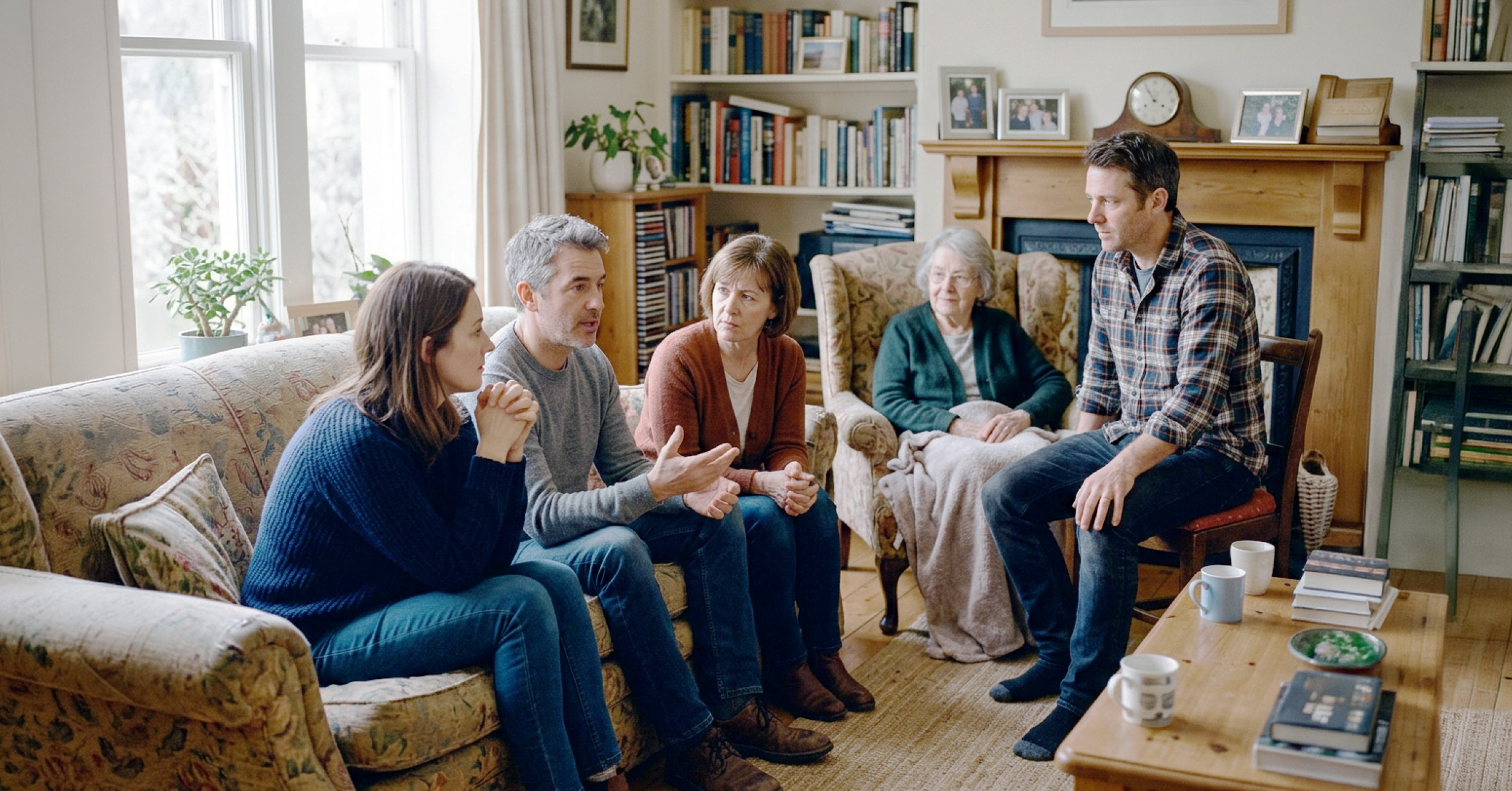 Family of adult siblings having intense conversation with elderly mother in background